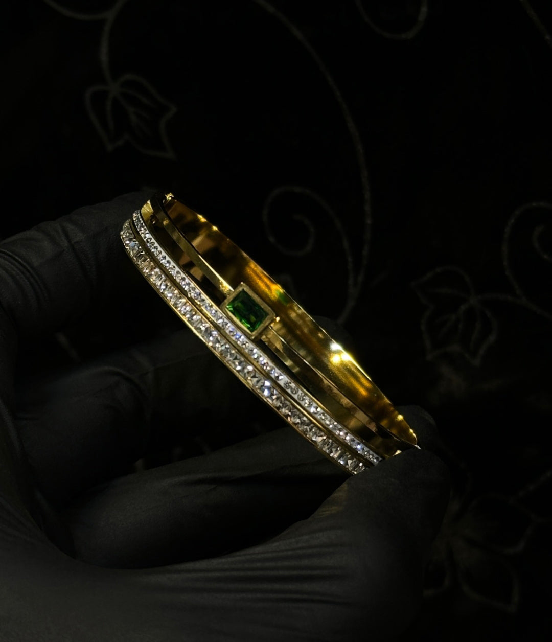 Golden Emerald and Diamond-Encrusted Bangle Bracelet