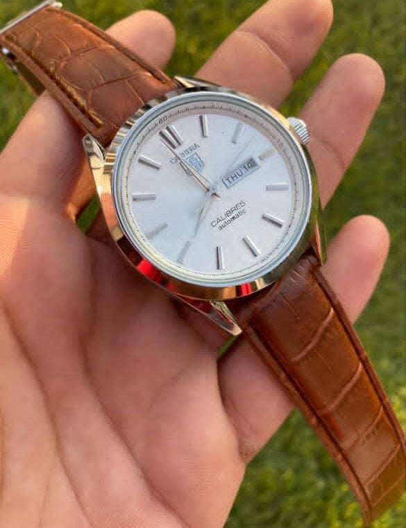 Stainless Steel Automatic Watch with Brown Leather Strap and White Dial