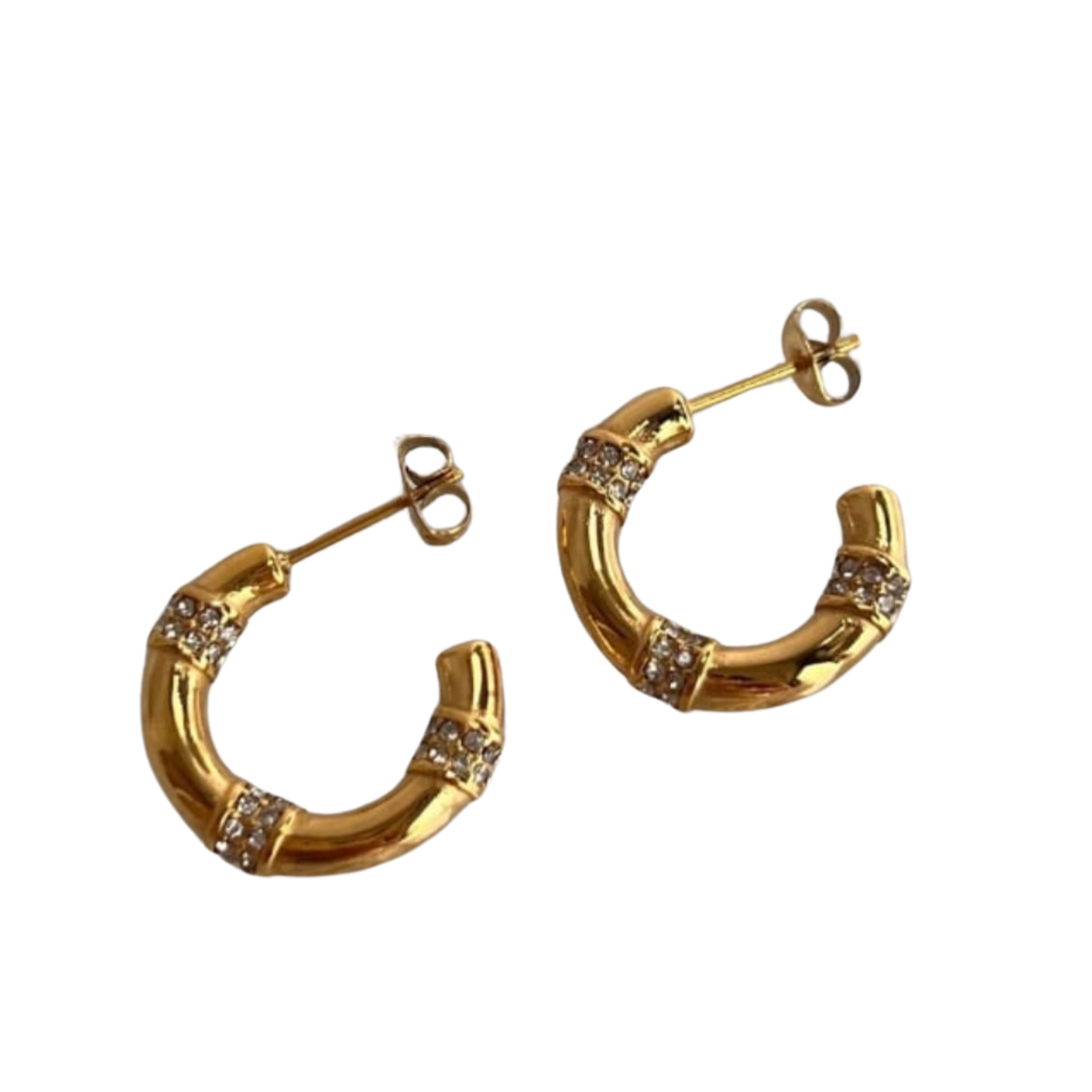 Golden Bamboo Hoop Earrings with CZ Accents