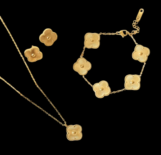 Golden Floral Jewelry Set – Necklace and Bracelet with Textured Flower Charms