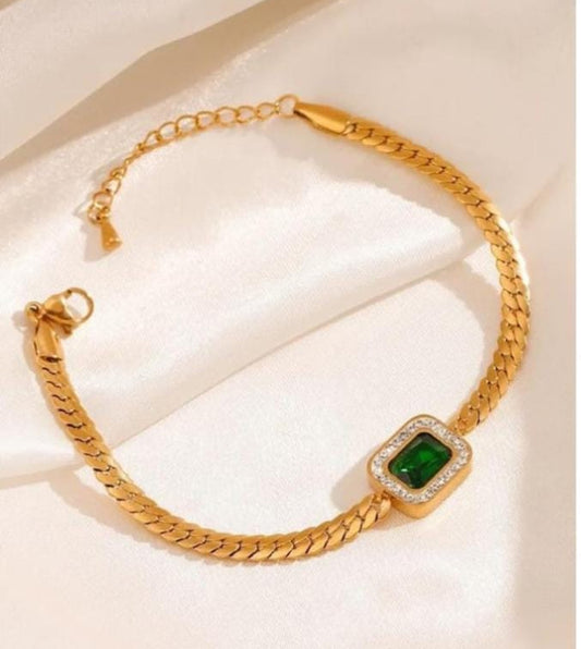 Golden Chain Link Bracelet with Emerald Gemstone and CZ Accents