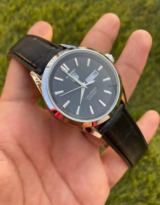 Stainless Steel Automatic Watch with Black Dial and Leather Strap
