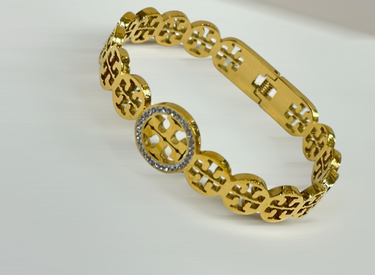 Golden Logo-Embossed Bangle Bracelet with CZ Accents
