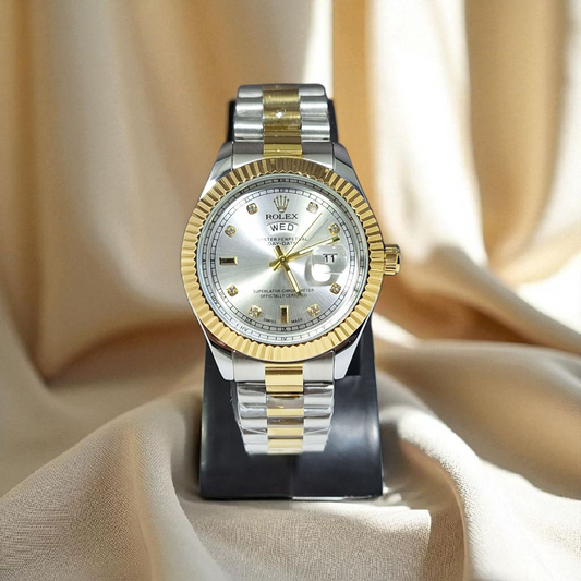 Two-tone Rolex watch on a stand with a beige fabric background