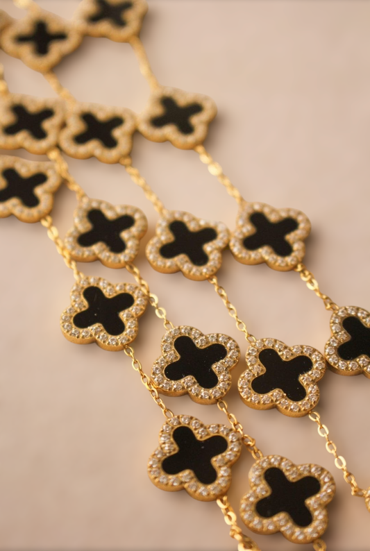 Golden Clover Pendant Necklace with Black Enamel and CZ Accents