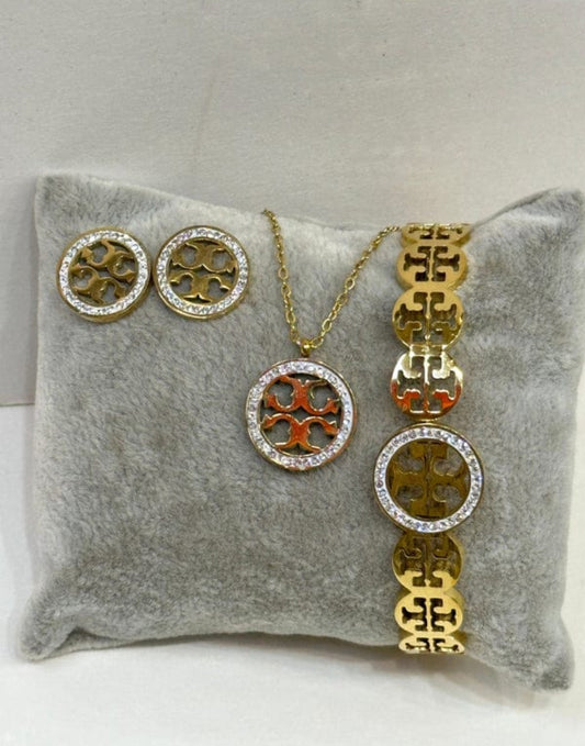 Elegant Gold and Crystal Jewelry Set with Iconic Logo Design