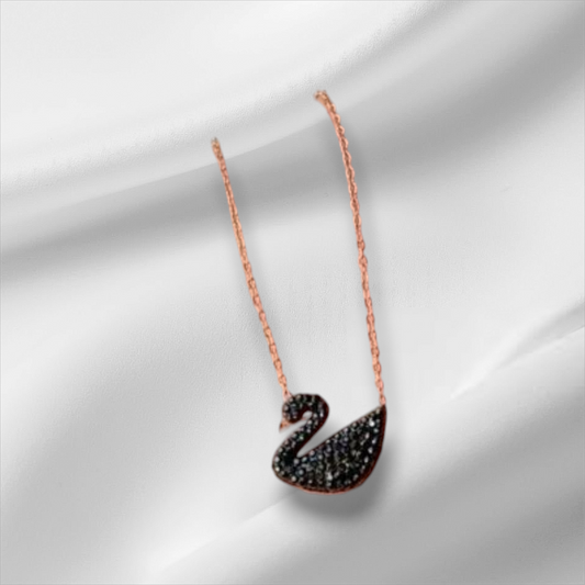 Rose Gold Swan Pendant Necklace with Black CZ Accents