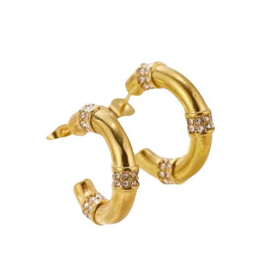 Golden Bamboo Hoop Earrings with CZ Accents